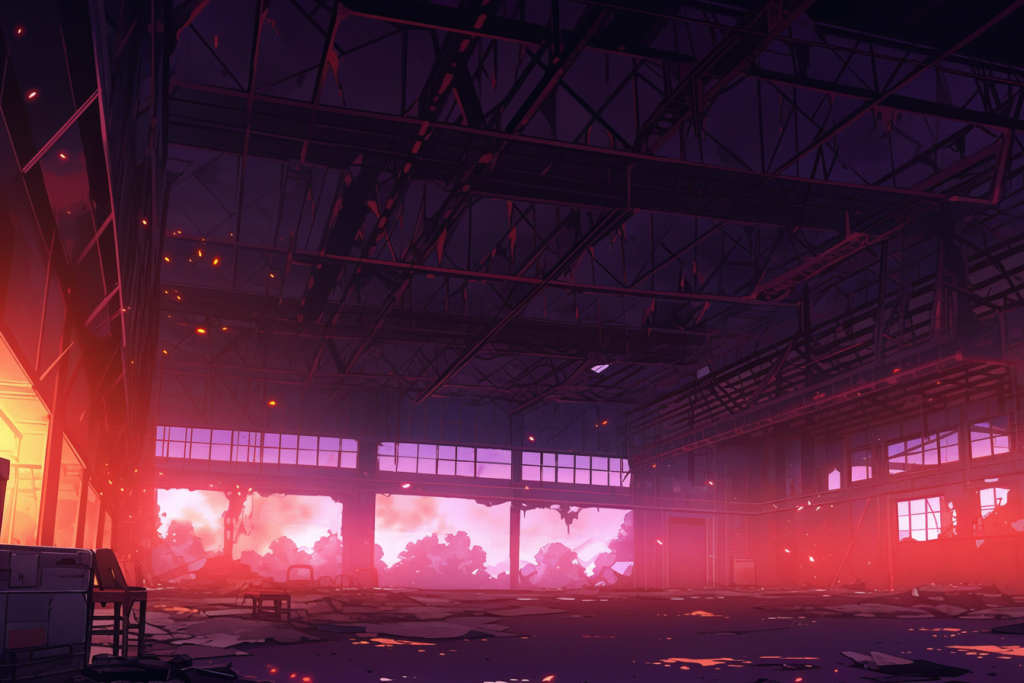 火花が散っている倉庫内部のイラスト