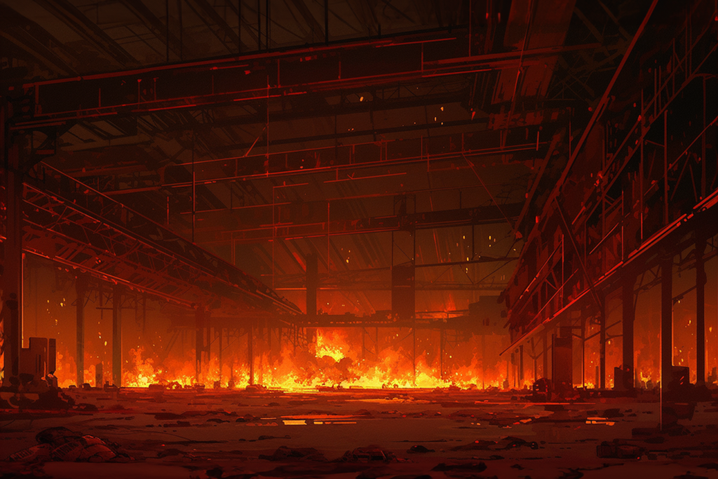炎上している倉庫内部のイラスト