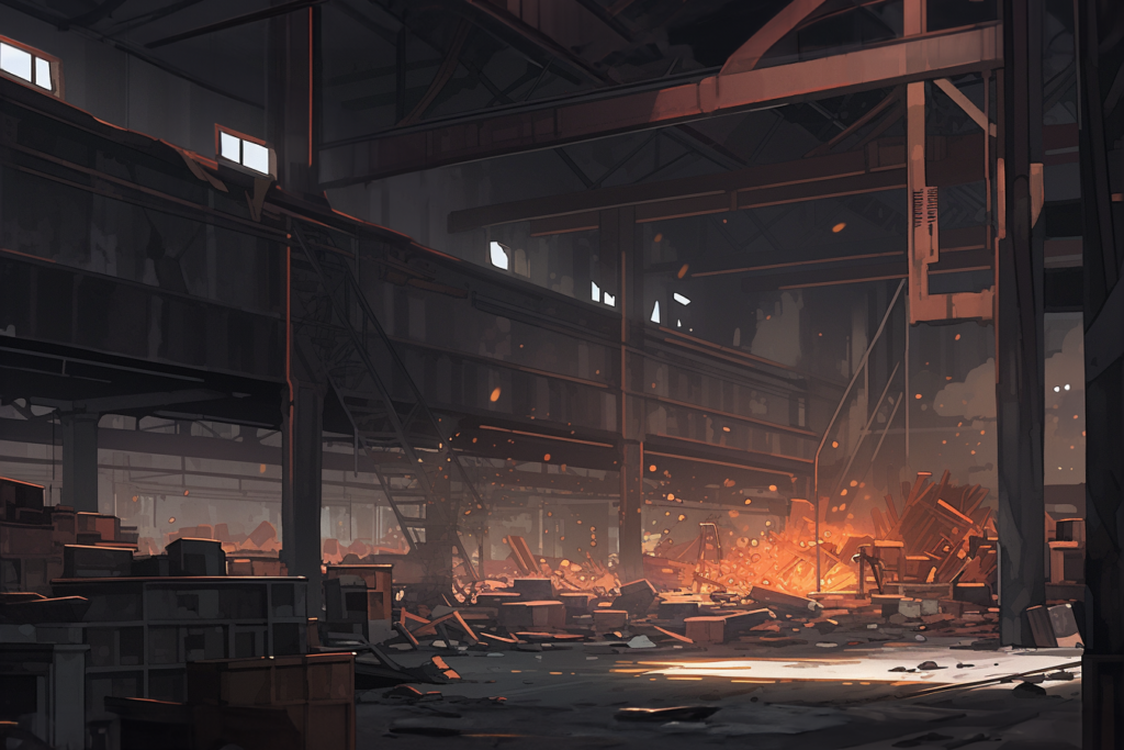 ゴミや資材に火がついている倉庫内部のイラスト