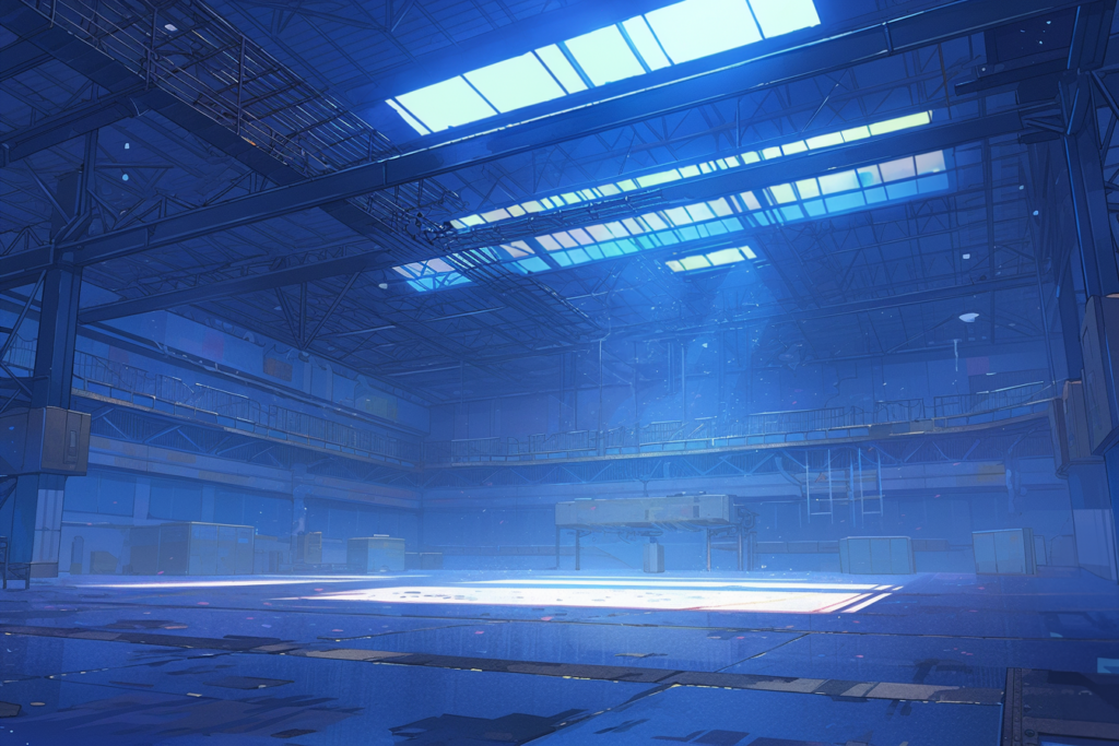 青を基調とした、巨大な空倉庫の背景イラスト