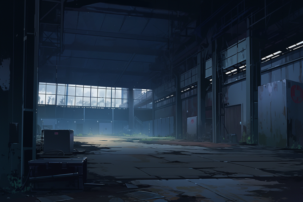 薄暗くて怖さを感じる倉庫内部のイラスト