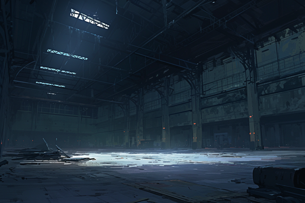 天井から薄暗い光が差し込んでいる廃墟の倉庫内部