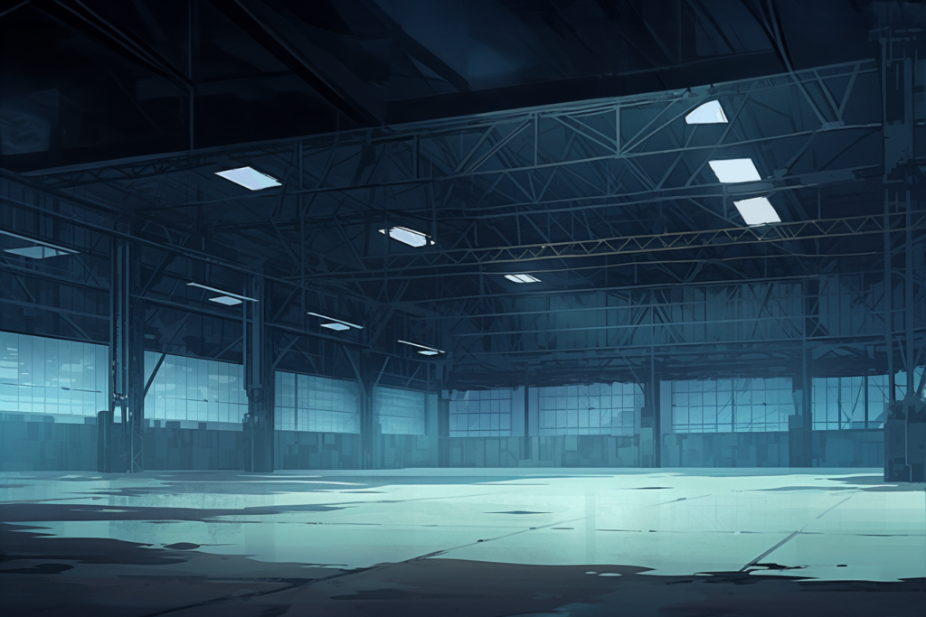 何もない広くて薄暗い倉庫の内部のイラスト
