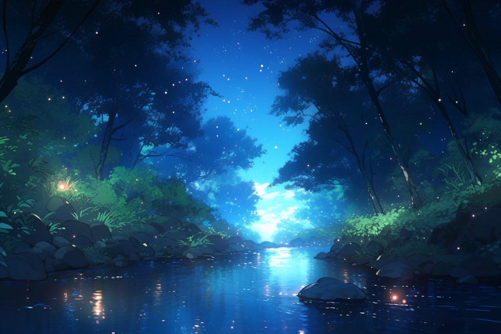 森の中にある川のイラスト、夜