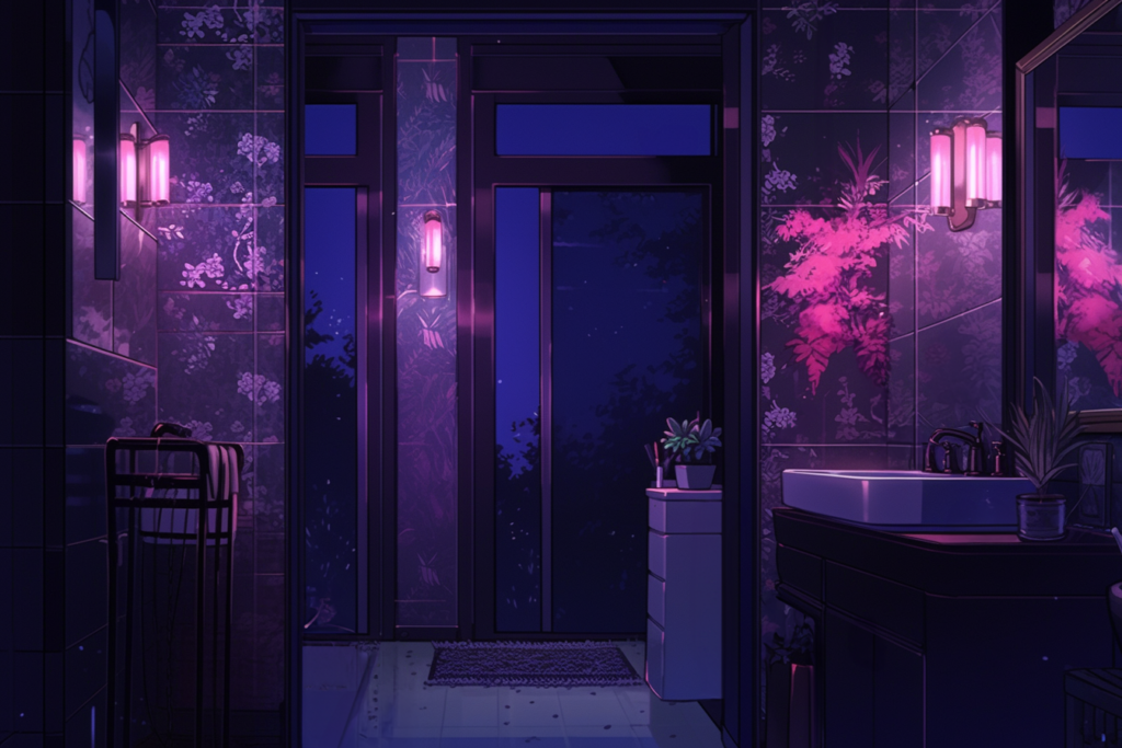 夜の洋風の洗面所の背景用イラスト