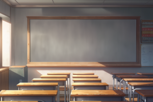 机、椅子、黒板、窓がある昼の教室の背景用イラスト。