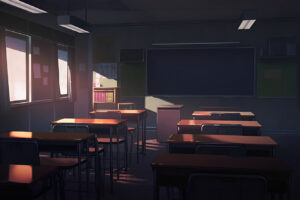 机、椅子、黒板、窓がある夕方、日暮れ、夕暮れの教室の背景用イラスト。