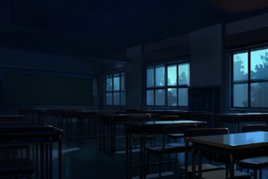 机、椅子、黒板、窓がある夜の教室の背景用イラスト。