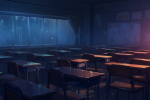 机、椅子、黒板、窓がある夜の教室の背景用イラスト。
