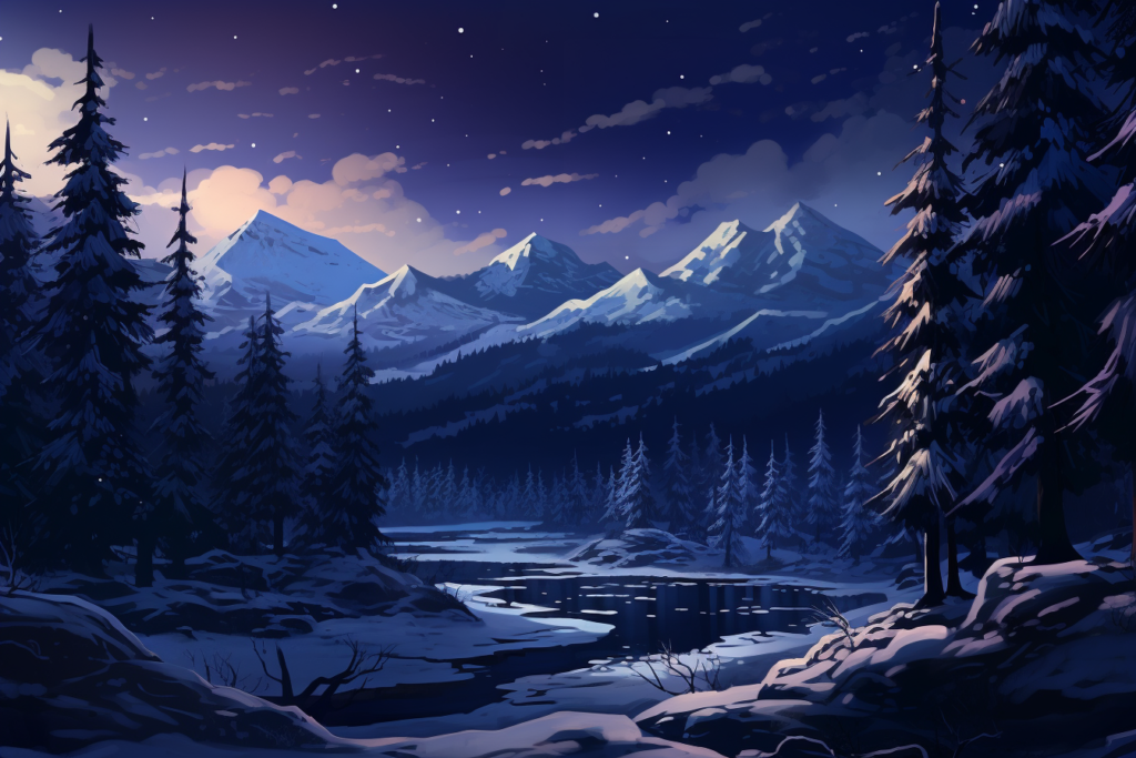 夜の雪山のイラスト
