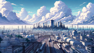 雲が多く空を覆っている中、巨大な工場地帯の風景。高い煙突から出る煙、電柱や鉄道が広がる工業地帯の全景。