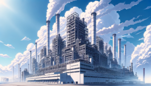 工場のイラスト。青空の下、煙突から白い煙が立ち上がる大規模な工場施設。光が煙突や建物の構造を照らしている。