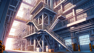 多層の通路や階段が連なる大規模な工場の内部構造、明るい日差しの下での工場ビュー