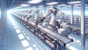 先進的なロボットアームが並ぶ製造ラインを備えた工場の内部