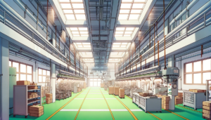 広々とした製造ラインが並ぶ工場の内部、窓からの自然光が明るく照らし、機械や資材が整然と配置されている。