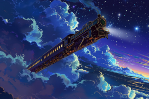 星空の背景に映える、輝く星々と青い雲を抜ける古風な機関車のイラスト。機関車は光り輝くヘッドライトを点灯させ、宇宙を駆け抜けるように描かれています。