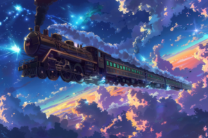 夕焼けの色彩豊かな雲間を縫うように進む機関車のイラスト。窓からは温かい灯りが漏れ、旅のロマンを感じさせます。機関車は詳細に描かれており、現実と幻想が交錯する情景が表現されています。