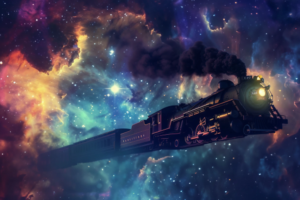 鮮やかな星雲と暗黒星雲が背景に広がる中、蒸気を吹き出しながら飛行する黒い機関車のイラスト。機関車はクラシックなデザインで、宇宙の奥深さを駆け巡るファンタジックなイメージが描かれています。