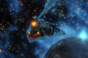 宇宙空間を航行する鉄道のイラストで、地球を背景にした青と黒の星空が広がります。光る星々とともに、古典的なデザインの機関車が煙を上げながら宇宙を進んでいる様子が表現されています。