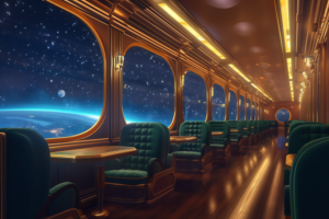 列車の食堂車内のイラスト。落ち着いた照明の中、窓外に広がるのは壮大な星空と地球の曲線。