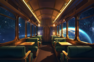 木目調の内装が温もりを感じさせる列車の食堂車のイラスト。車窓からは地球の大気が青く光り、宇宙の奥深さを感じさせます。