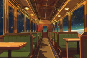 夜の旅を楽しむ列車の食堂車のイラスト。大きな窓からは無数の星々と地球の美しい光景が見え、非日常の体験を提供しています。