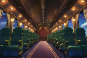 豪華な内装の列車車内のイラスト。暖色の照明が居心地の良さを演出し、窓外には星空が広がっています。