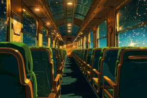 夜の旅を感じさせる列車車内のイラスト。車窓からは星が輝く静かな夜空が見え、車内は温かな照明で照らされています。