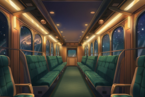 夜空を行く列車の車内を描いたイラスト。窓から見える星々が静寂の旅の時間を彩ります。