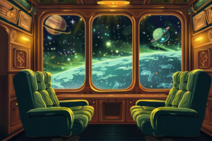 宇宙旅行を思わせる豪華な列車の個室のイラスト。窓外には惑星や星が明るく輝き、冒険心をくすぐります。