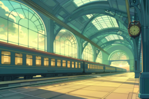 ガラス張りの天井が特徴的な、空と雲が見える駅舎の中に停車している列車のイラスト。静かで落ち着いた朝の雰囲気が感じられます。