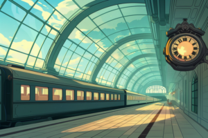 大きな時計が壁に掛かり、陽光が差し込む駅のプラットフォームに停車する古典的な列車のイラスト。時間の流れと旅の始まりを予感させるシーンです。