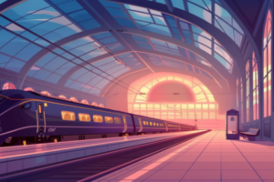 暮れ時の駅を背景に、モダンなデザインの列車が停車しているイラスト。オレンジ色に染まる空と合わせ、旅の終わりや始まりを感じさせる情緒あふれる風景が描かれています。