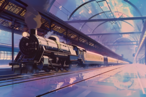歴史を感じさせる機関車が、ガラス張りの屋根が印象的な駅舎に停車しているイラスト。煙を吹き上げる機関車からは活気が感じられ、旅の喧騒と静けさが共存しています。