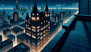 夜の都市のスカイラインにそびえ立つゴシック調の建物、遠くに輝くビルの灯りと星空の背景