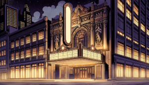 "装飾的な劇場の外観が描かれているイラスト。劇場の周りには高層ビルが立ち並んでおり、夜の雰囲気が演出されています。