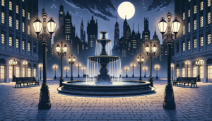 月明かりと美しい街灯に照らされた広場のイラスト。中央には美しい噴水があり、背景には高いビルが描かれています。