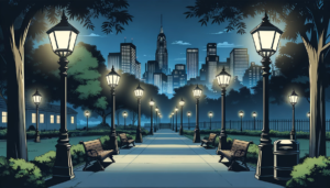 夜の公園の風景のイラスト。街灯が道を照らし、ベンチが並んでいます。背景には夜景が広がり、ビルのシルエットが見えます。