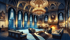 シャンデリアが輝く豪華なリビングルーム。高い天井、壮麗な絵画と暖炉、ゴールドの装飾が特徴的な空間。