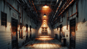 古びた廊下の中心に照明が吊るされている刑務所の内部。古びた刑務所の廊下に並ぶ細長い独房と天井からの明るい照明。