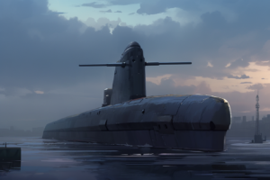 暗くなる空の背景に、港に停泊している大型潜水艦のイラスト。都市のシルエットと遠くの電波塔が見える。