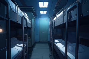 冷静な青色の照明の下での潜水艦の宿泊区画。連続する二段ベッドと通路。