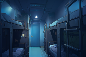 青色の光が差し込む潜水艦の内部。並ぶ二段ベッドと狭い通路。
