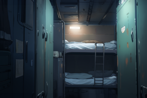 狭い部屋の中に設置された二段ベッドとロッカーが描かれており、天井には蛍光灯が点灯している潜水艦の内部イラスト。