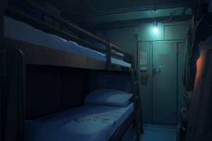 潜水艦のキャビンのような空間にある二段ベッドと壁に貼られたメモやドア、さらには掛けられた衣類が特徴的なイラスト。
