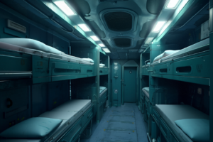 潜水艦の内部を示すイラスト。青緑色の照明がついた寝台が複数並び、通路の中央には滑らかな床があり、その奥には密閉されたドアが見える。各寝台にはラベルや表示があり、装置や計器が取り付けられている。全体的に冷静で高度な技術感が漂う雰囲気。