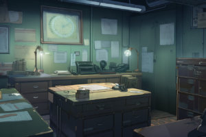 潜水艦のオフィス風船内部。壁に様々な地図や文書が掛けられており、デスクトップにはタイプライターやランプ、文房具が置かれている。右側には金属製のキャビネットや椅子が配置されている。