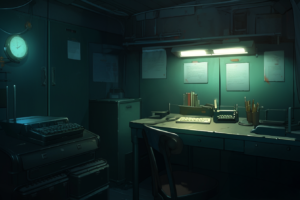 深海の潜水艦の内部オフィス。薄暗い照明の下で、タイプライターや文房具、書類が置かれた机が中央に配置されている。壁にはノートや計器が掛けられている。