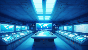 青い照明の下で世界地図を中心に表示する大型モニターと、周囲に多数の情報ディスプレイを配した潜水艦のコントロールルーム。