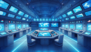 先進的な潜水艦のコンピュータルーム。多くのモニターが天井から床まで配置され、中央には大きな地球のディスプレイがある。